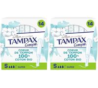 Tampax Cotton Protection Compak Super Avec Applicateur x14, Tampons Tampax Avec Cœur En Coton Biologique Et En Format Compact (Lot de 2)