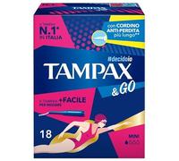 Tampax & Go Mini 18 serviettes hygiéniques avec applicateur en plastique avec poignée antidérapante et double cordon de protection. Idéal pour les flux légers et les premiers jours de la menstruation