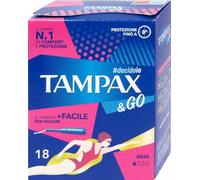 Tampax & Go Mini 18 serviettes hygiéniques avec applicateur en plastique avec poignée antidérapante et double cordon de protection. Idéal pour les flux légers et les premiers jours de la menstruation