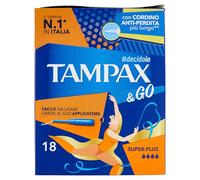Tampax & Go Super Plus, 18 serviettes hygiéniques intérieures avec applicateur en plastique avec poignée antidérapante et double cordon de protection. Idéal pour les flux très abondants