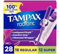 Tampax Lot de 28 tampons Radiant avec tresse anti-fuite, normal/super absorbant, avec tresse anti-fuite, non parfumés