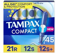 Tampax Lot de 45 tampons compacts Pearl avec tresse LeakGuard et applicateur extensible, absorption régulière/super/plus, applicateur extensible compact, non parfumé, 45 pièces