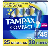 Tampax Lot de 45 tampons compacts Pearl avec tresse LeakGuard et applicateur extensible, normal/super absorbant, applicateur extensible compact, non parfumé, 45 pièces