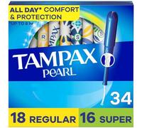 Tampax Pearl Lot de 34 tampons absorbants réguliers, avec tresse anti-fuite, non parfumés