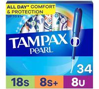 Tampax Pearl Lot de 34 tampons Super/Super Plus/Ultra absorbants avec applicateur en plastique sans BPA et tresse LeakGuard, non parfumés, 34 pièces