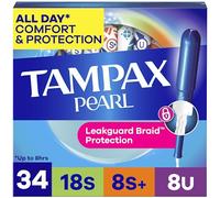 Tampax Pearl Lot de 34 tampons Super/Super Plus/Ultra absorbants avec applicateur en plastique sans BPA et tresse LeakGuard, non parfumés, 34 pièces