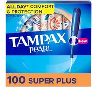 Tampax Pearl Tampons Super Plus Lot de 100 tampons absorbants, applicateur en plastique sans BPA et tresse anti-fuite, non parfumés, lot de 2 (100 pièces au total)
