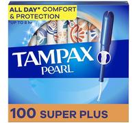Tampax Pearl Tampons Super Plus Lot de 100 tampons absorbants, applicateur en plastique sans BPA et tresse anti-fuite, non parfumés, lot de 2 (100 pièces au total)