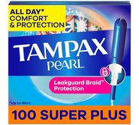 Tampax Pearl Tampons Super Plus Lot de 100 tampons absorbants, applicateur en plastique sans BPA et tresse anti-fuite, non parfumés, lot de 2 (100 pièces au total)