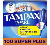 Tampax Pearl Tampons Super Plus Lot de 100 tampons absorbants, applicateur en plastique sans BPA et tresse anti-fuite, non parfumés, lot de 2 (100 pièces au total)