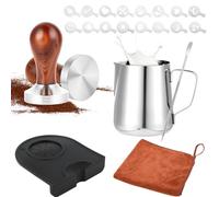 Tamper Café 51mm INOX, Accessoires Expresso avec Pot Lait 350ml | Presse-Café avec Manche Bois Ergonomique, Pot à Lait Inox, 16 Pochoirs Latte Art, Facile à Nettoyer pour Baristas