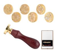 Tampon de Cire Kit, Vintage Ensemble de Cire Stamp avec 6 Têtes en Laiton de Tampon de Sceau de Cire, 1 Poignée en Bois et Boite Cadeau pour Carte, Invitation, Lettres, Enveloppes