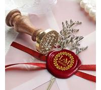 Tampon de cire personnalisé, personnalise ton logo, initiales, date avec design de couronne de laurier pour invitations de mariage, enveloppes, bricolage, tête en laiton et manche en bois (30 mm)