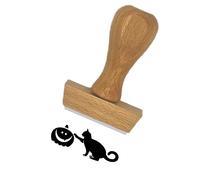 Tampon en bois certifié PEFC empreinte Chat & Citrouille - Format de l’impression 40 x 15 mm - Encre non incluse - Idéal pour préparer votre terrifiante soirée d'Halloween