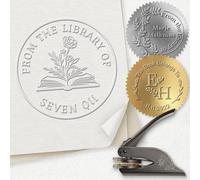 Tampon Gaufrage Personnalisé, Embosseur de Livre avec Lettres Florales & Logo, Ex Libris Personnalisable, Cadeau pour Amoureux des Livres et Lecteurs - 42mm