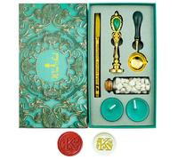 Tampons de cire Alphabet, Ioggtser Tampon à cire Alphabet K comprenant 1 tête en cuivre avec poignée en fer, 60 perles de cire, 1 cuillère de fusion en bois, 2 bougies, 1 stylo à cire