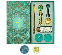 Tampons de cire Alphabet, Ioggtser Tampon à cire Alphabet V comprenant 1 tête en cuivre avec poignée en fer, 60 perles de cire, 1 cuillère de fusion en bois, 2 bougies, 1 stylo à cire