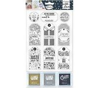 Aladine - Kit 9 Tampons & 3 Encreurs - Étiquettes Cadeaux - Noël Anniversaire - Pour Personnaliser vos Étiquettes à Offrir - Noir, Doré, Argenté - 03628