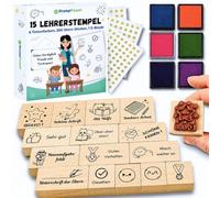 Tampons pour enseignants en allemand - Cadeau pour enseignant, 15 tampons pour enseignants, 6 tampons encreurs, 300 autocollants étoiles, fournitures pour enseignants, école primaire, cadeau pour