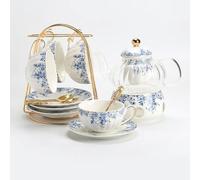 TAMTAK Service à thé de l'après-midi de Style Anglais, théière à Fleurs, Tasse à thé en Verre, Tasse à café et Soucoupe en Porcelaine Bleue et Blanche