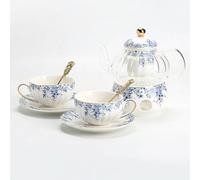 TAMTAK Service à thé de l'après-midi de Style Anglais, théière à Fleurs, Tasse à thé en Verre, Tasse à café et Soucoupe en Porcelaine Bleue et Blanche
