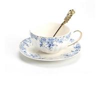 TAMTAK Service à thé de l'après-midi de Style Anglais, théière à Fleurs, Tasse à thé en Verre, Tasse à café et Soucoupe en Porcelaine Bleue et Blanche