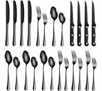 TAN REN 24 pièces couverts de table pour 4 personnes, couvert en acier inoxydable avec couteau à steak, couvert en noir comprenant cuillère, couteau, fourchette, lavable au lave-vaisselle