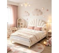 Tanant Lit double capitonné 140 x 200 cm, cadre de lit avec tête de lit en forme de fleur en forme de coquillage et sommier à lattes, tissu en velours, pour adultes, adolescents, filles, lit d'invités