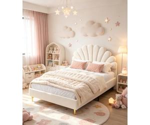 Tanant Lit double capitonné 140 x 200 cm, cadre de lit avec tête de lit en forme de fleur en forme de coquillage et sommier à lattes, tissu en velours, pour adultes, adolescents, filles, lit d'invités
