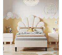 Tanant Lit simple capitonné 90 x 200 cm avec tête de lit en forme de fleur en forme de coquillage et sommier à lattes, tissu en velours, pour adolescents, filles, lit d'invités
