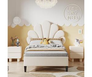 Tanant Lit simple capitonné 90 x 200 cm avec tête de lit en forme de fleur en forme de coquillage et sommier à lattes, tissu en velours, pour adolescents, filles, lit d'invités