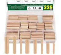 Tanbupu Lot de 225 chevilles en bois à 8 valeurs, 1/4 pouces, 5/16 pouces, 3/8 pouces, goupilles en bois cannelées pour travaux manuels, meubles, bricolage