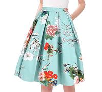 Tandisk Jupe midi évasée plissée imprimée vintage avec poches pour femme, Vert/fleur, Taille M