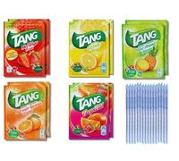Tang - Poudre de soude - Arômes d’eau - Tang Orange, Ananas, Pêche, Citron et Tropical - Total de 10 sacs et cadeau de pailles colorées