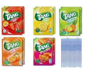 Tang - Poudre de soude - Arômes d’eau - Tang Orange, Ananas, Pêche, Citron et Tropical - Total de 10 sacs et cadeau de pailles colorées