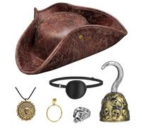 Tanganan Lot de 6 costumes de chapeau de pirate pour Halloween, chapeau de pirate avec bague de tête de mort, collier, crochet, boucles d'oreilles, cache-œil, cuir, chapeaux marron pour hommes et