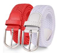 TANGCHAO 2 pièces Unisexe Tissu élastique Ceinture Élastique Tressée Stretch Belt Ceinture Étirable Pour les Hommes et les Femmes Plusieurs Couleurs Blanc + Rouge 120cm