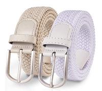 TANGCHAO 2 pièces Unisexe Tissu élastique Ceinture Élastique Tressée Stretch Belt Ceinture Étirable Pour les Hommes et les Femmes Plusieurs Couleurs blanc + beige 130cm
