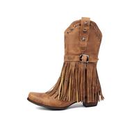 TangDao Bottes Femme de Cowboy Western en Cuir Bottes Femme à Talons Bloc avec Cloutées Pampilles Bottines en Cuir Élégant Confortable Marron EU 41