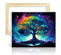 TANGFEIY sur toile Facile à peindre Œuvre d'art Arbre vie sous la lumière des étoiles Kits peinture pour adultes Acrylique Numéro avec pinceaux Style créatif Arts et artisanat avec cadre (40x50cm)