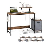 Tangkula Bureau d'ordinateur avec station de charge, bureau à domicile avec tiroir en tissu réversible, crochet pour casque et étagère surélevée, table d'écriture d'étude, poste de travail industriel