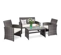 Tangkula Ensemble de 4 meubles de patio en osier avec table et coussins doux et table basse en verre trempé pour balcon au bord de la piscine