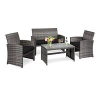 Tangkula Ensemble de 4 meubles de patio en rotin avec coussins doux et table basse en verre trempé pour patio