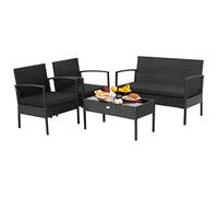 Tangkula Ensemble de 4 meubles d'extérieur en rotin avec table basse en verre, structure en acier massif, siège ergonomique, convient pour jardin, cour, balcon, bord de piscine