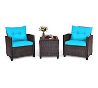 Tangkula Ensemble de meubles de terrasse 3 pièces en rotin synthétique avec coussin lavable et plateau en verre trempé, meubles de conversation pour jardin, piscine, balcon (turquoise)