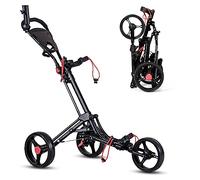 Tangkula Golf Push Cart 3 Wheels Foldable Hand Cart Easy Push and Pull Cart Trolley with Umbrella and Tee Holder, Quick Open and Close Golf Pull Cart