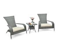 Tangkula Lot de 3 chaises Adirondack en osier 3 pièces, chaises ergonomiques surdimensionnées en rotin avec table basse, coussins de siège confortables, dessus de table en verre trempé, ensemble de