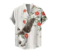 TangoDS Chemise pour Hommes Chat samouraï Japonais imprimé col Montant Chemises à Manches Courtes Été Chemisier boutonné Hauts de Plage hawaïens