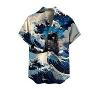 TangoDS Chemise pour Hommes Chat samouraï Japonais imprimé col Montant Chemises à Manches Courtes Été Chemisier boutonné Hauts de Plage hawaïens