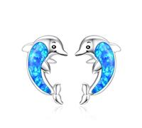 TANGPOET Boucles d'oreilles dauphin pour femmes et filles - En argent 925 - Avec opale bleue - Cadeau pour elle et enfant, Or blanc, Opale créée